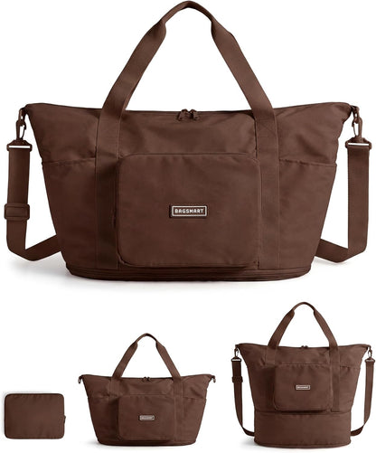 Foldable Travel Bag, 37L Expandable Personal Item Bag, Lightweight Weekender Bags for Women, Water Resistant Extra Carry on for Travel, Camel