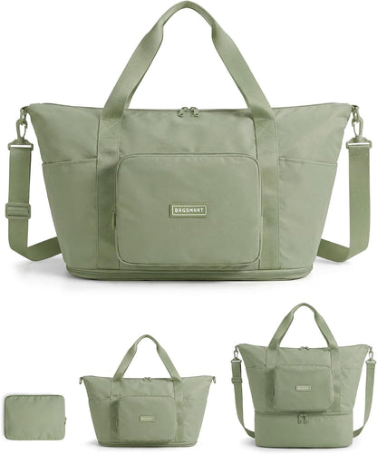 Foldable Travel Bag, 37L Expandable Personal Item Bag, Lightweight Weekender Bags for Women, Water Resistant Extra Carry on for Travel, Camel