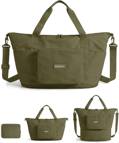 Foldable Travel Bag, 37L Expandable Personal Item Bag, Lightweight Weekender Bags for Women, Water Resistant Extra Carry on for Travel, Camel