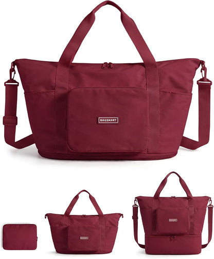 Foldable Travel Bag, 37L Expandable Personal Item Bag, Lightweight Weekender Bags for Women, Water Resistant Extra Carry on for Travel, Camel