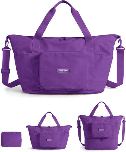 Foldable Travel Bag, 37L Expandable Personal Item Bag, Lightweight Weekender Bags for Women, Water Resistant Extra Carry on for Travel, Camel