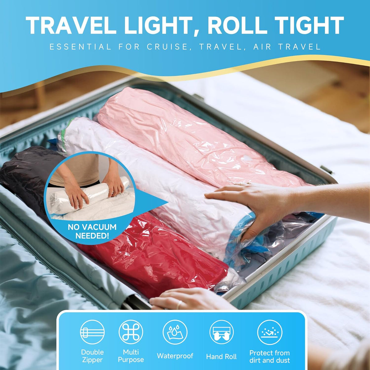 Compression Bags for Travel - Travel Essentials - Space Saver Bags - No Vacuum Needed - Compression Packing Bags for Cruise Accessories