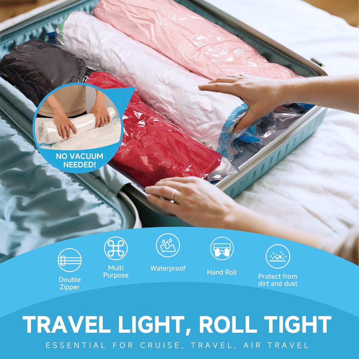 Compression Bags for Travel - Travel Essentials - Space Saver Bags - No Vacuum Needed - Compression Packing Bags for Cruise Accessories