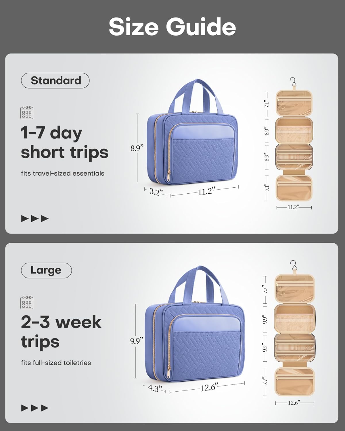 Hanging Travel Toiletry Bag Women Men, Black, Medium | Waterproof Makeup Bag Hanging Hook,Multiple Pockets,Travel Essentials,11.2 x 3.2 x 8.9inches