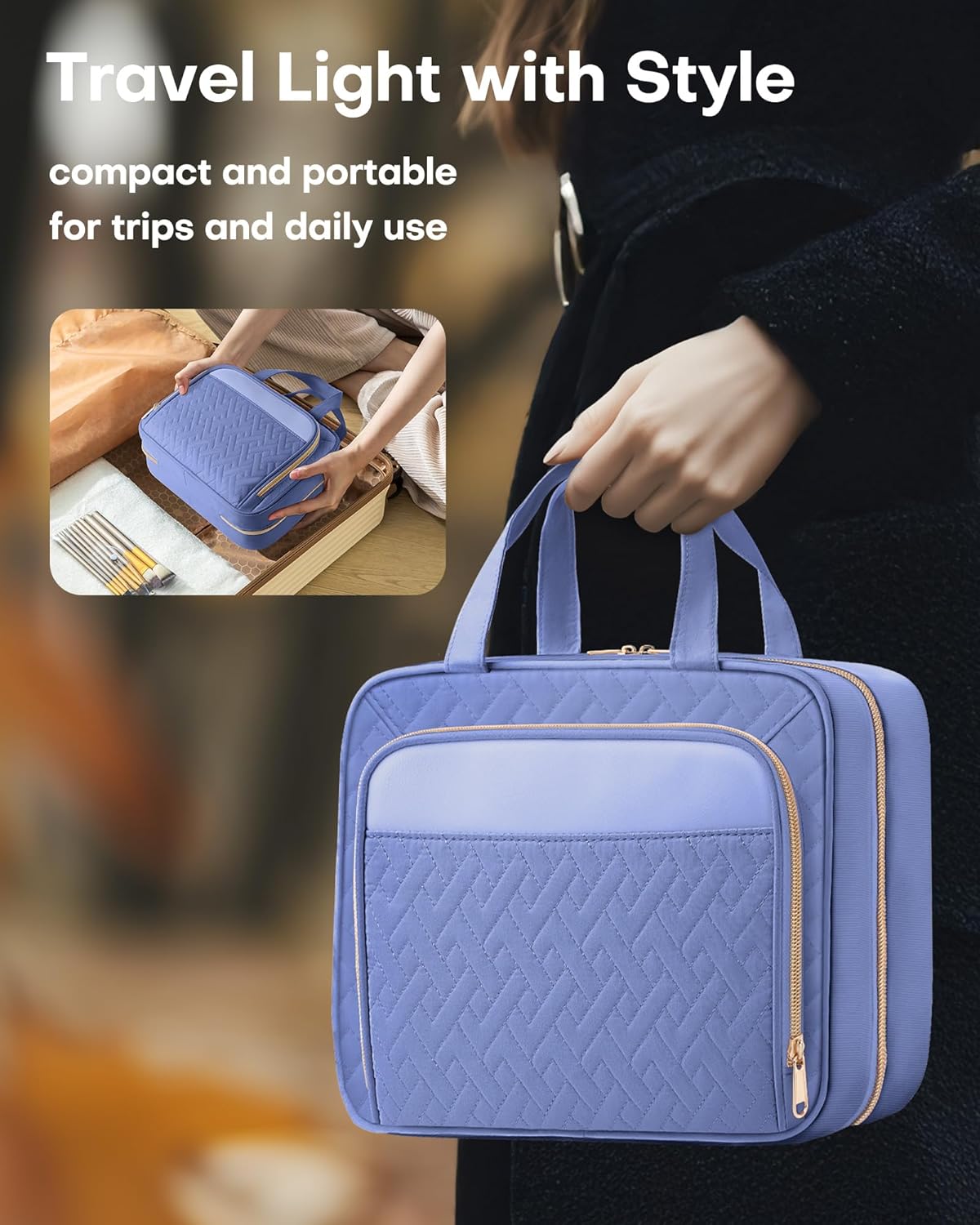 Hanging Travel Toiletry Bag Women Men, Black, Medium | Waterproof Makeup Bag Hanging Hook,Multiple Pockets,Travel Essentials,11.2 x 3.2 x 8.9inches