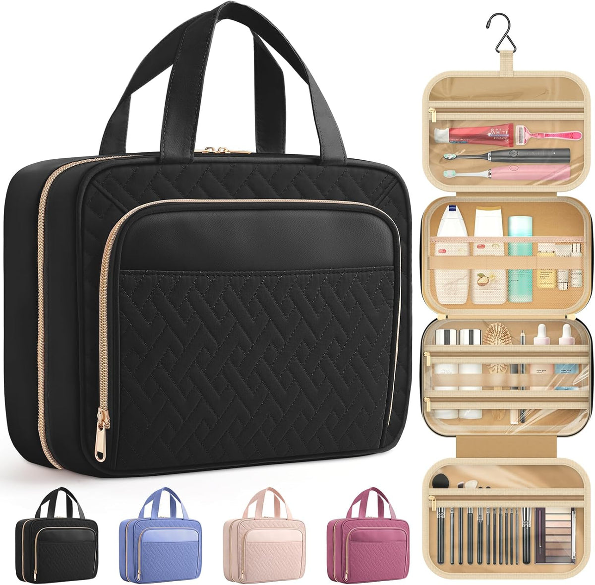 Hanging Travel Toiletry Bag Women Men, Black, Medium | Waterproof Makeup Bag Hanging Hook,Multiple Pockets,Travel Essentials,11.2 x 3.2 x 8.9inches