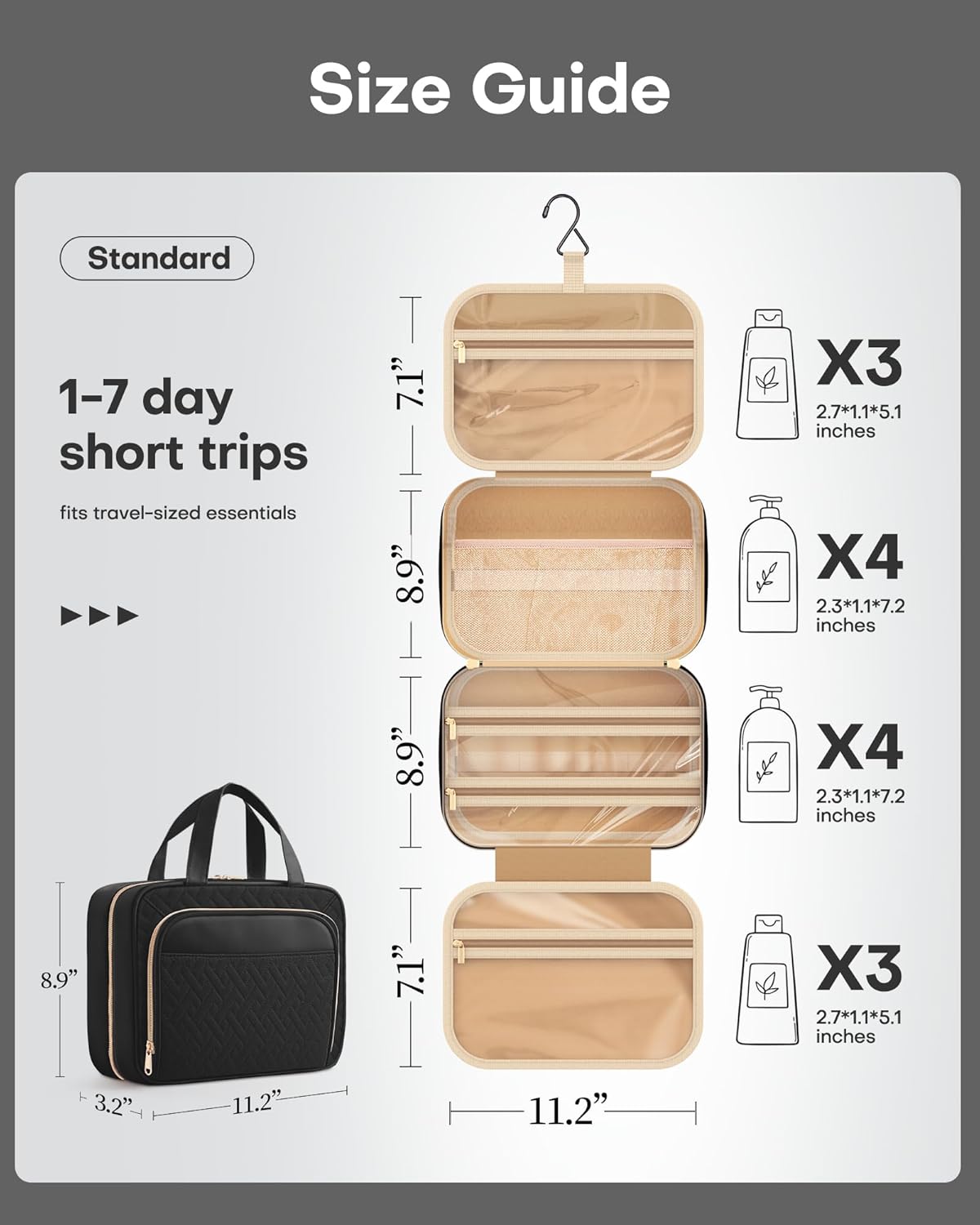 Hanging Travel Toiletry Bag Women Men, Black, Medium | Waterproof Makeup Bag Hanging Hook,Multiple Pockets,Travel Essentials,11.2 x 3.2 x 8.9inches