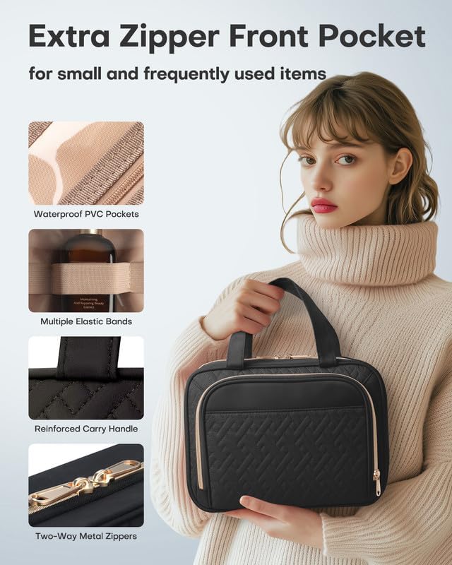 Hanging Travel Toiletry Bag Women Men, Black, Medium | Waterproof Makeup Bag Hanging Hook,Multiple Pockets,Travel Essentials,11.2 x 3.2 x 8.9inches