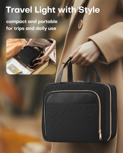 Hanging Travel Toiletry Bag Women Men, Black, Medium | Waterproof Makeup Bag Hanging Hook,Multiple Pockets,Travel Essentials,11.2 x 3.2 x 8.9inches