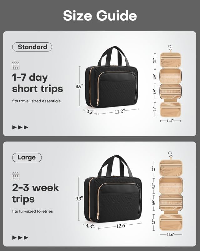 Hanging Travel Toiletry Bag Women Men, Black, Medium | Waterproof Makeup Bag Hanging Hook,Multiple Pockets,Travel Essentials,11.2 x 3.2 x 8.9inches
