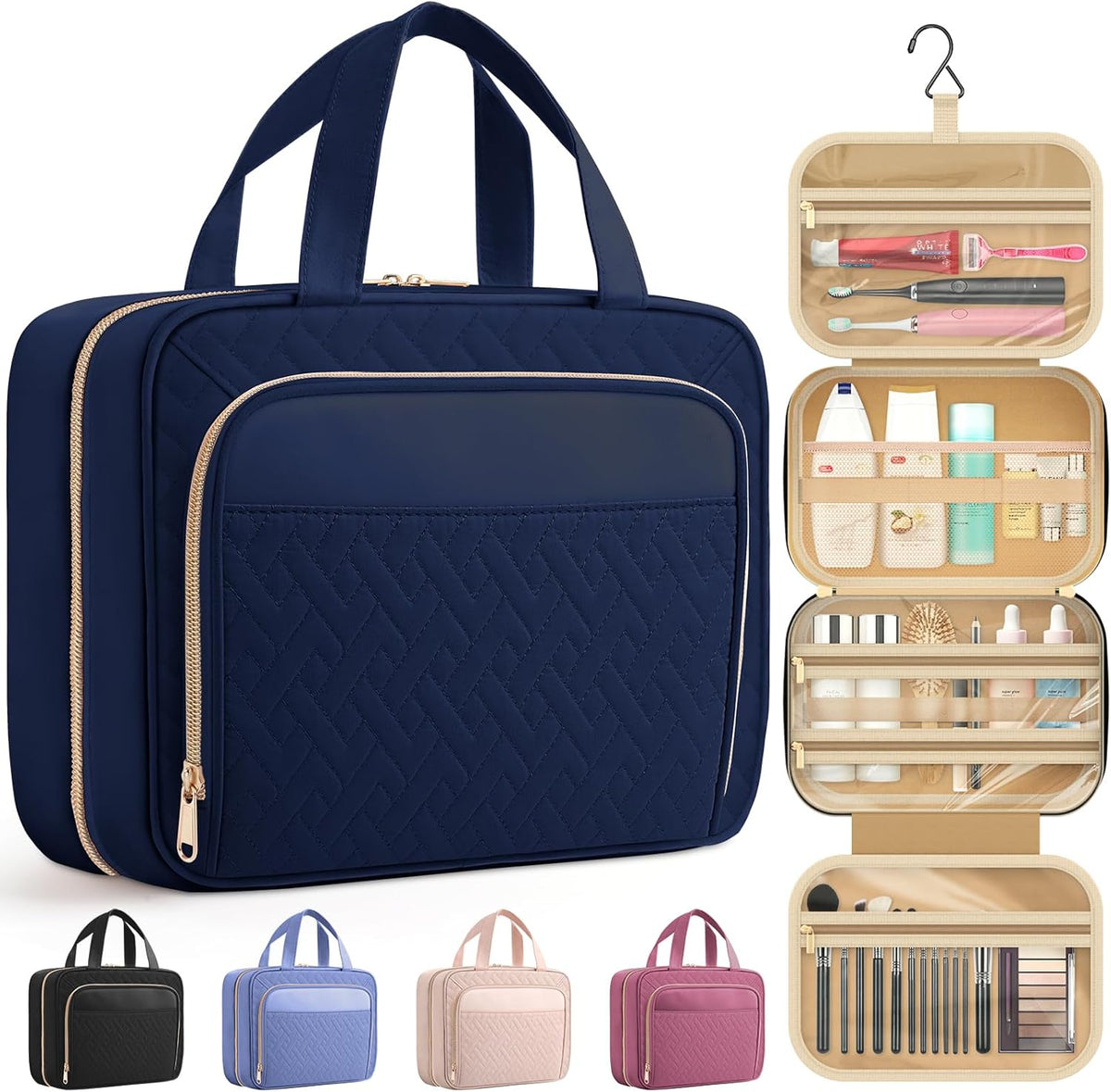 Hanging Travel Toiletry Bag Women Men, Black, Medium | Waterproof Makeup Bag Hanging Hook,Multiple Pockets,Travel Essentials,11.2 x 3.2 x 8.9inches