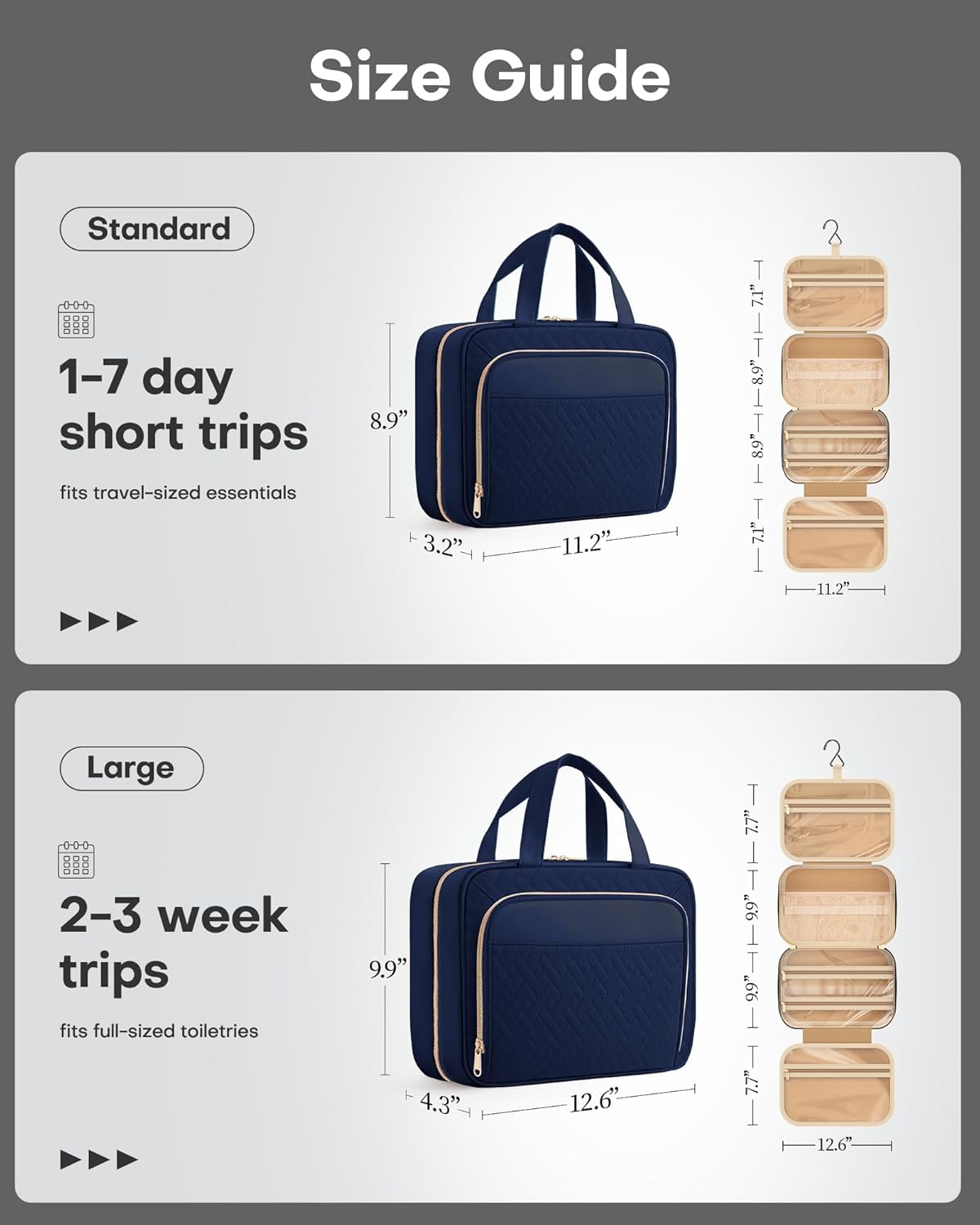 Hanging Travel Toiletry Bag Women Men, Black, Medium | Waterproof Makeup Bag Hanging Hook,Multiple Pockets,Travel Essentials,11.2 x 3.2 x 8.9inches