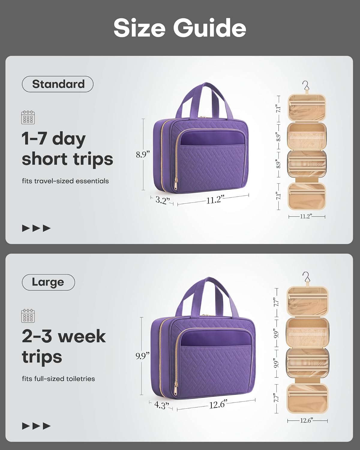 Hanging Travel Toiletry Bag Women Men, Black, Medium | Waterproof Makeup Bag Hanging Hook,Multiple Pockets,Travel Essentials,11.2 x 3.2 x 8.9inches