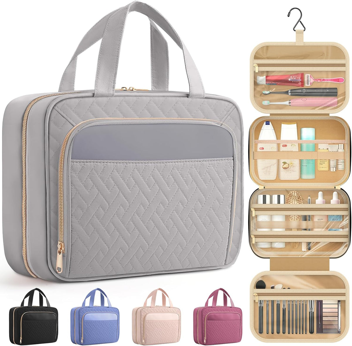 Hanging Travel Toiletry Bag Women Men, Black, Medium | Waterproof Makeup Bag Hanging Hook,Multiple Pockets,Travel Essentials,11.2 x 3.2 x 8.9inches