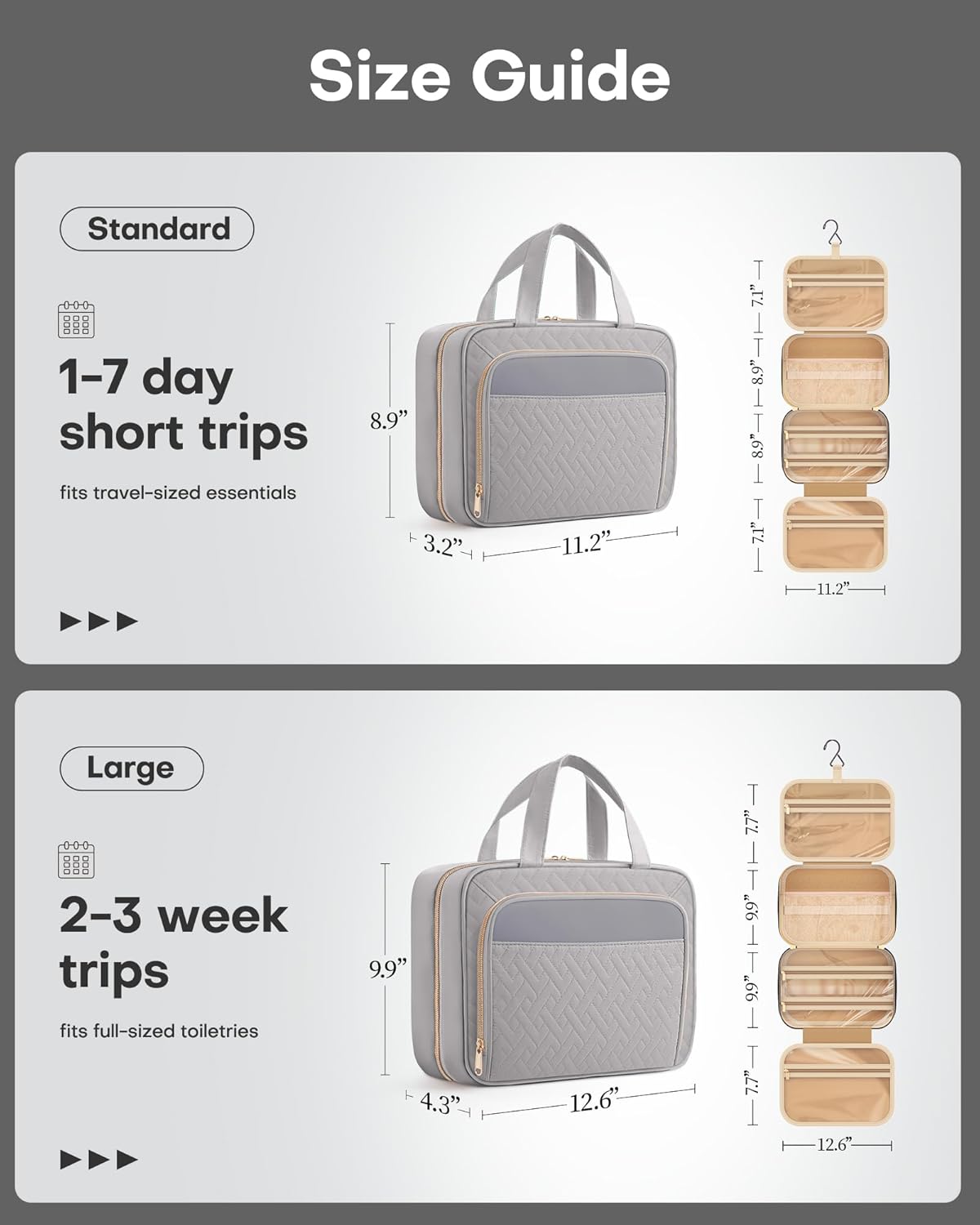 Hanging Travel Toiletry Bag Women Men, Black, Medium | Waterproof Makeup Bag Hanging Hook,Multiple Pockets,Travel Essentials,11.2 x 3.2 x 8.9inches