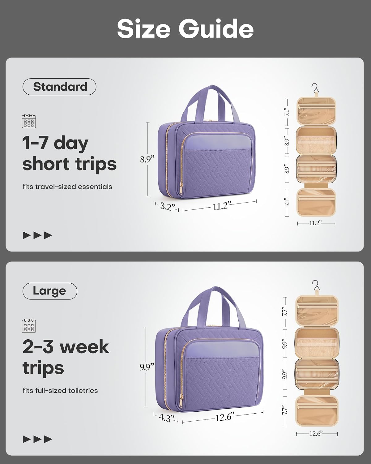 Hanging Travel Toiletry Bag Women Men, Black, Medium | Waterproof Makeup Bag Hanging Hook,Multiple Pockets,Travel Essentials,11.2 x 3.2 x 8.9inches