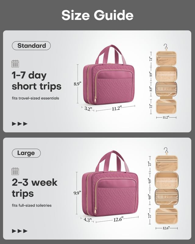 Hanging Travel Toiletry Bag Women Men, Black, Medium | Waterproof Makeup Bag Hanging Hook,Multiple Pockets,Travel Essentials,11.2 x 3.2 x 8.9inches