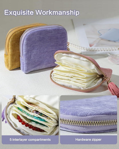 Travel Jewelry Case, Small Velvet Jewelry Bag with Zipper, 5-Layer Anti-Scratch Pouch for Bracelets Necklaces Earrings, Tangle-Free Jewelry Storage, Gift for Her Chenille Velvet Yellow