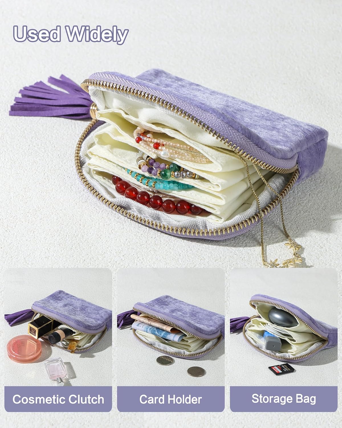 Travel Jewelry Case, Small Velvet Jewelry Bag with Zipper, 5-Layer Anti-Scratch Pouch for Bracelets Necklaces Earrings, Tangle-Free Jewelry Storage, Gift for Her Chenille Velvet Yellow