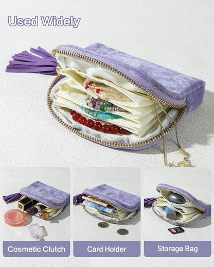 Travel Jewelry Case, Small Velvet Jewelry Bag with Zipper, 5-Layer Anti-Scratch Pouch for Bracelets Necklaces Earrings, Tangle-Free Jewelry Storage, Gift for Her Chenille Velvet Yellow