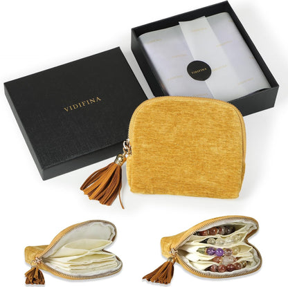 Travel Jewelry Case, Small Velvet Jewelry Bag with Zipper, 5-Layer Anti-Scratch Pouch for Bracelets Necklaces Earrings, Tangle-Free Jewelry Storage, Gift for Her Chenille Velvet Yellow