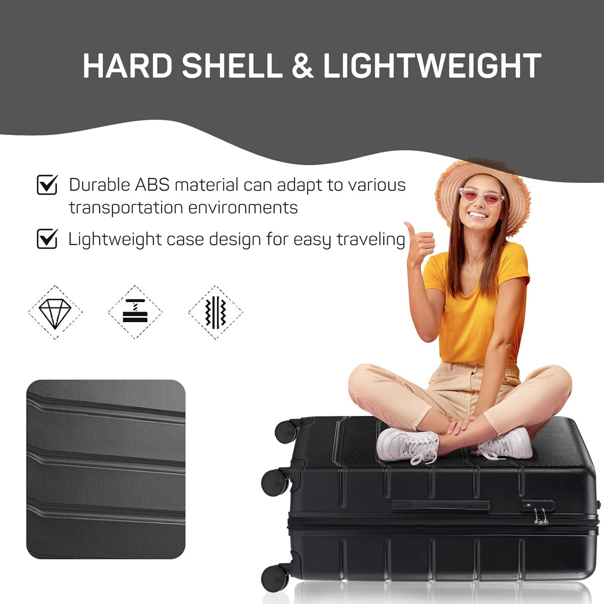 20 Inch Carry-On Luggage, Hard Shell Rolling Suitcase with TSA Lock, Expandable Lightweight Luggage with Spinner Wheels, Black