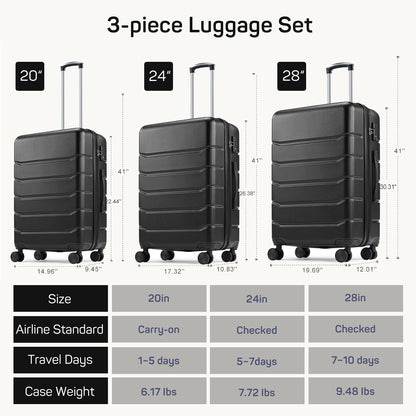 20 Inch Carry-On Luggage, Hard Shell Rolling Suitcase with TSA Lock, Expandable Lightweight Luggage with Spinner Wheels, Black