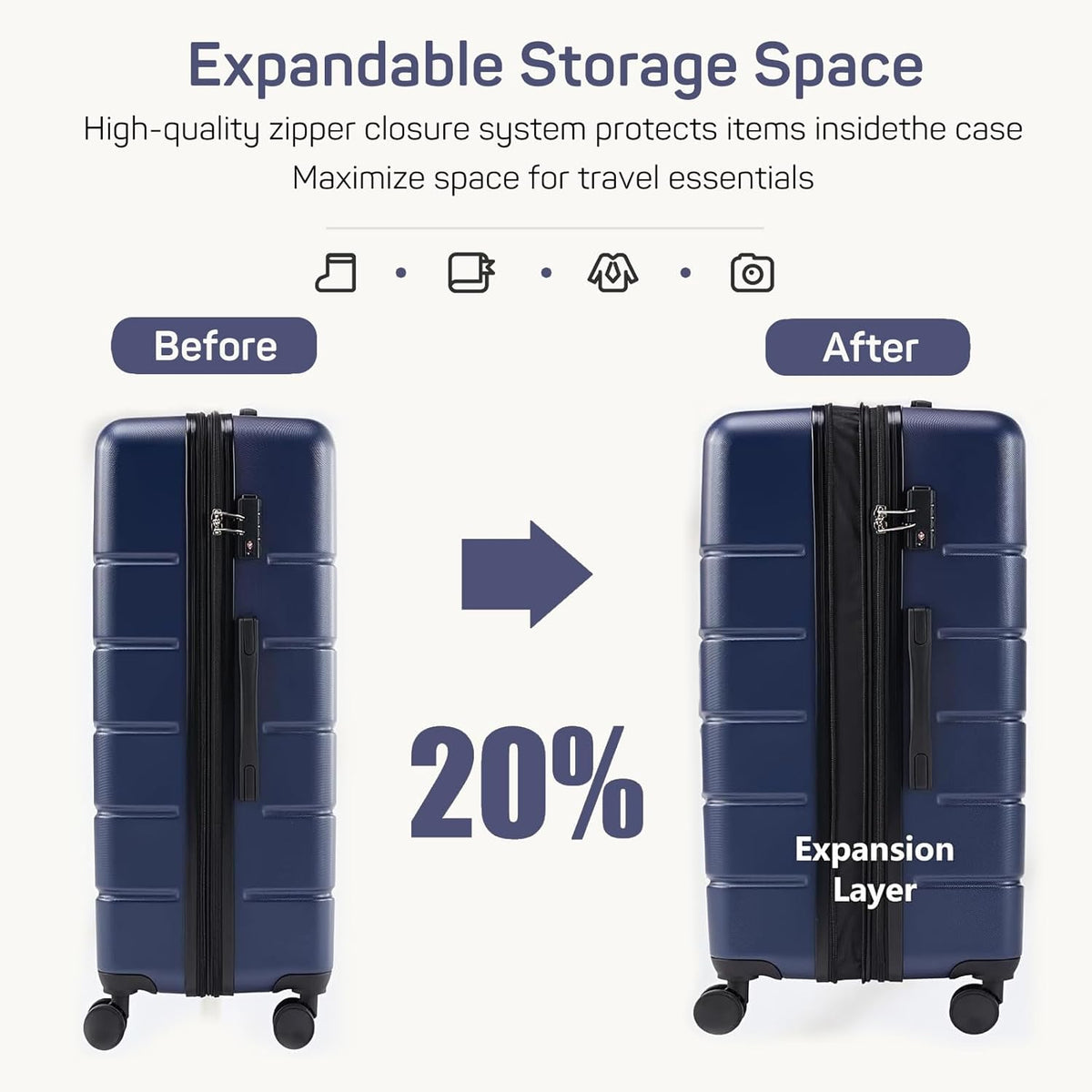 20 Inch Carry-On Luggage, Hard Shell Rolling Suitcase with TSA Lock, Expandable Lightweight Luggage with Spinner Wheels, Black