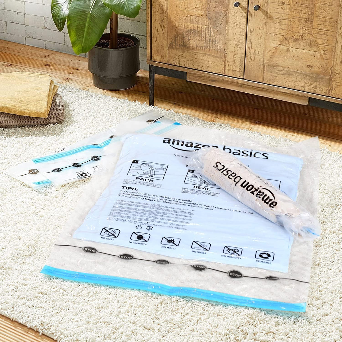 Roll-Up Travel Compression Storage Bags for Clothes and Towels, No Vacuum Needed, Clear, 12 Pack (6 Small & 6 Medium)