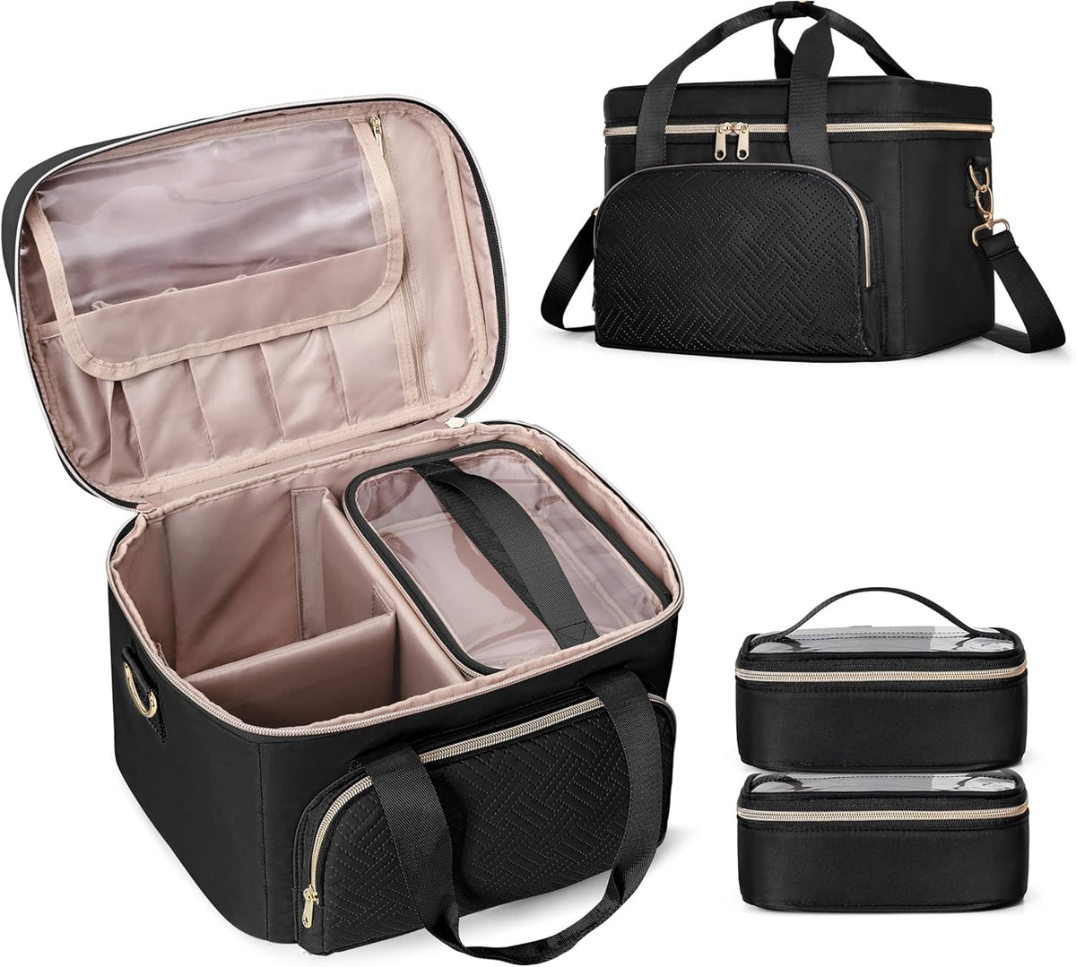 Large Makeup Bag for Women, Cosmetic Case, Travel Makeup Organizer | Large Cosmetic Case with 2 Pouches & Adjustable Dividers, Makeup Organizer Fits Bottle Vertically, Portable Travel Accessory