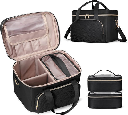 Large Makeup Bag for Women, Cosmetic Case, Travel Makeup Organizer | Large Cosmetic Case with 2 Pouches & Adjustable Dividers, Makeup Organizer Fits Bottle Vertically, Portable Travel Accessory