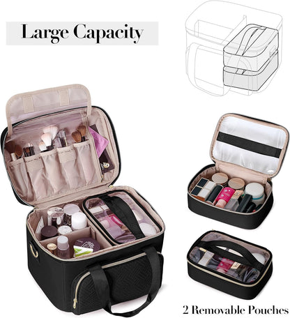Large Makeup Bag for Women, Cosmetic Case, Travel Makeup Organizer | Large Cosmetic Case with 2 Pouches & Adjustable Dividers, Makeup Organizer Fits Bottle Vertically, Portable Travel Accessory