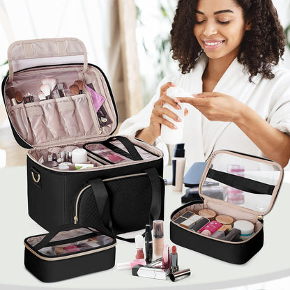 Large Makeup Bag for Women, Cosmetic Case, Travel Makeup Organizer | Large Cosmetic Case with 2 Pouches & Adjustable Dividers, Makeup Organizer Fits Bottle Vertically, Portable Travel Accessory