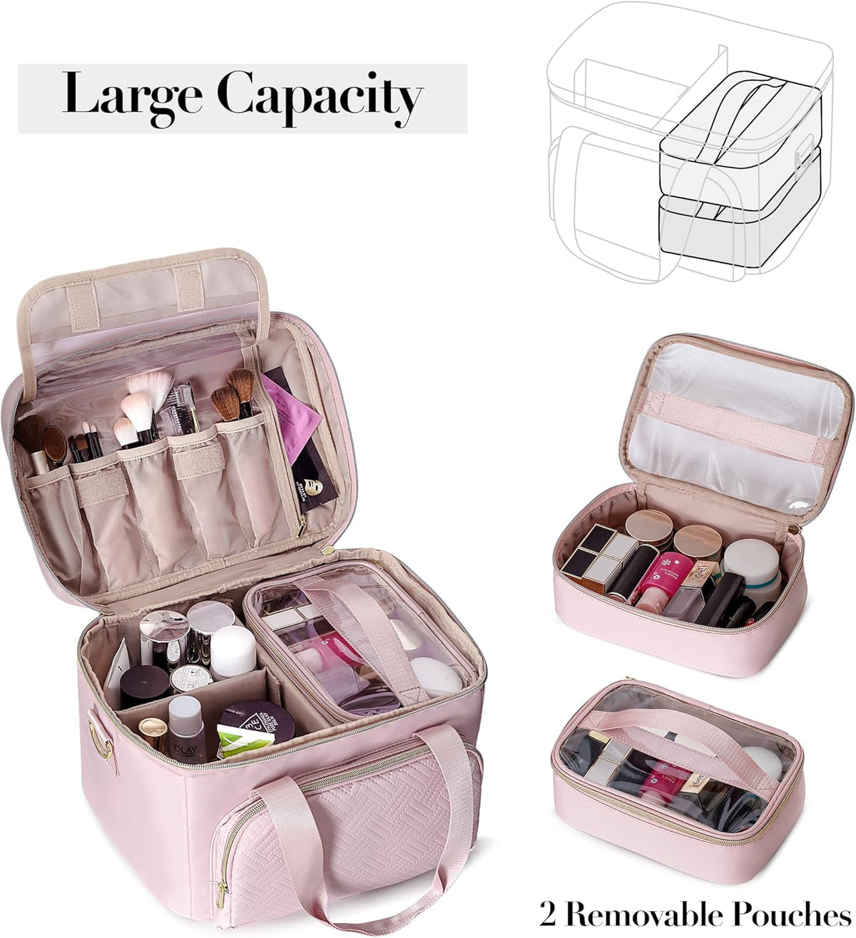 Large Makeup Bag for Women, Cosmetic Case, Travel Makeup Organizer | Large Cosmetic Case with 2 Pouches & Adjustable Dividers, Makeup Organizer Fits Bottle Vertically, Portable Travel Accessory