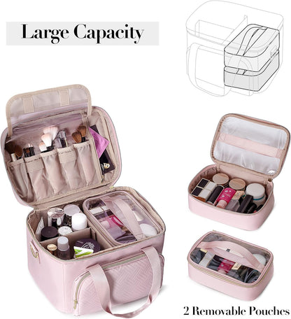 Large Makeup Bag for Women, Cosmetic Case, Travel Makeup Organizer | Large Cosmetic Case with 2 Pouches & Adjustable Dividers, Makeup Organizer Fits Bottle Vertically, Portable Travel Accessory