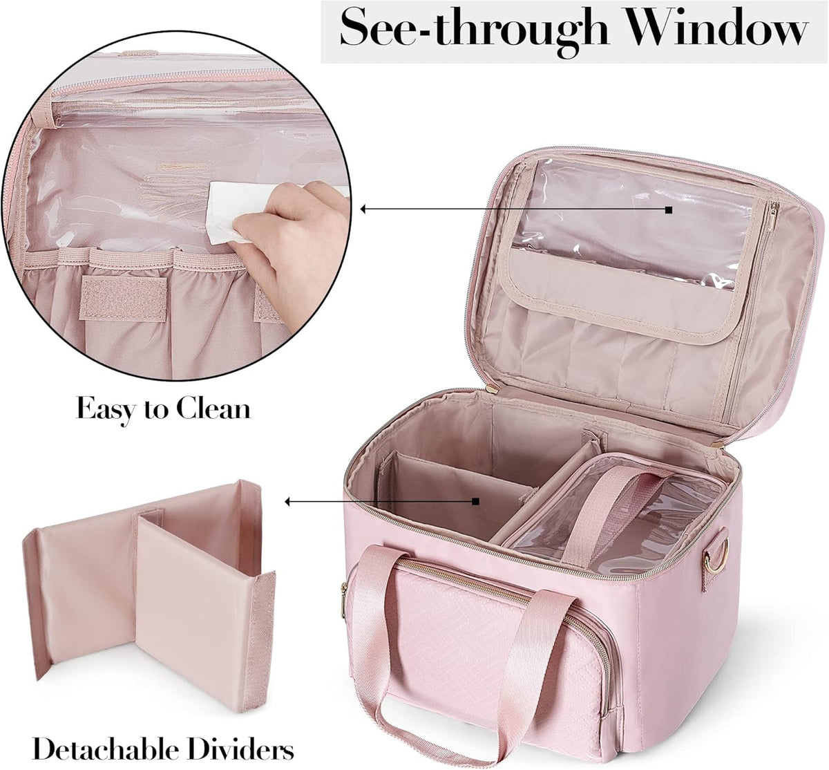 Large Makeup Bag for Women, Cosmetic Case, Travel Makeup Organizer | Large Cosmetic Case with 2 Pouches & Adjustable Dividers, Makeup Organizer Fits Bottle Vertically, Portable Travel Accessory