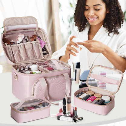 Large Makeup Bag for Women, Cosmetic Case, Travel Makeup Organizer | Large Cosmetic Case with 2 Pouches & Adjustable Dividers, Makeup Organizer Fits Bottle Vertically, Portable Travel Accessory