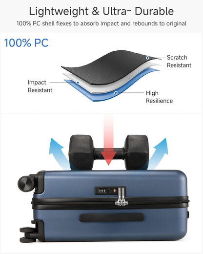 LUGGEX Carry On Luggage 22x14x9 Airline Approved, L2 100% PC Hard Shell Travel Suitcase with Smooth Spinner Wheels, TSA Lock (Blue, 20 Inch, 40L)