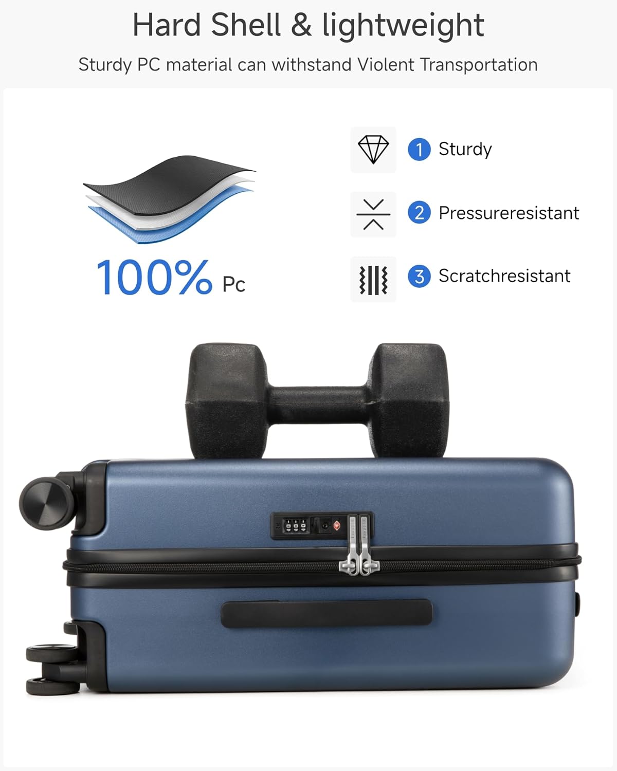 LUGGEX Carry On Luggage 22x14x9 Airline Approved, L2 100% PC Hard Shell Travel Suitcase with Smooth Spinner Wheels, TSA Lock (Blue, 20 Inch, 40L)
