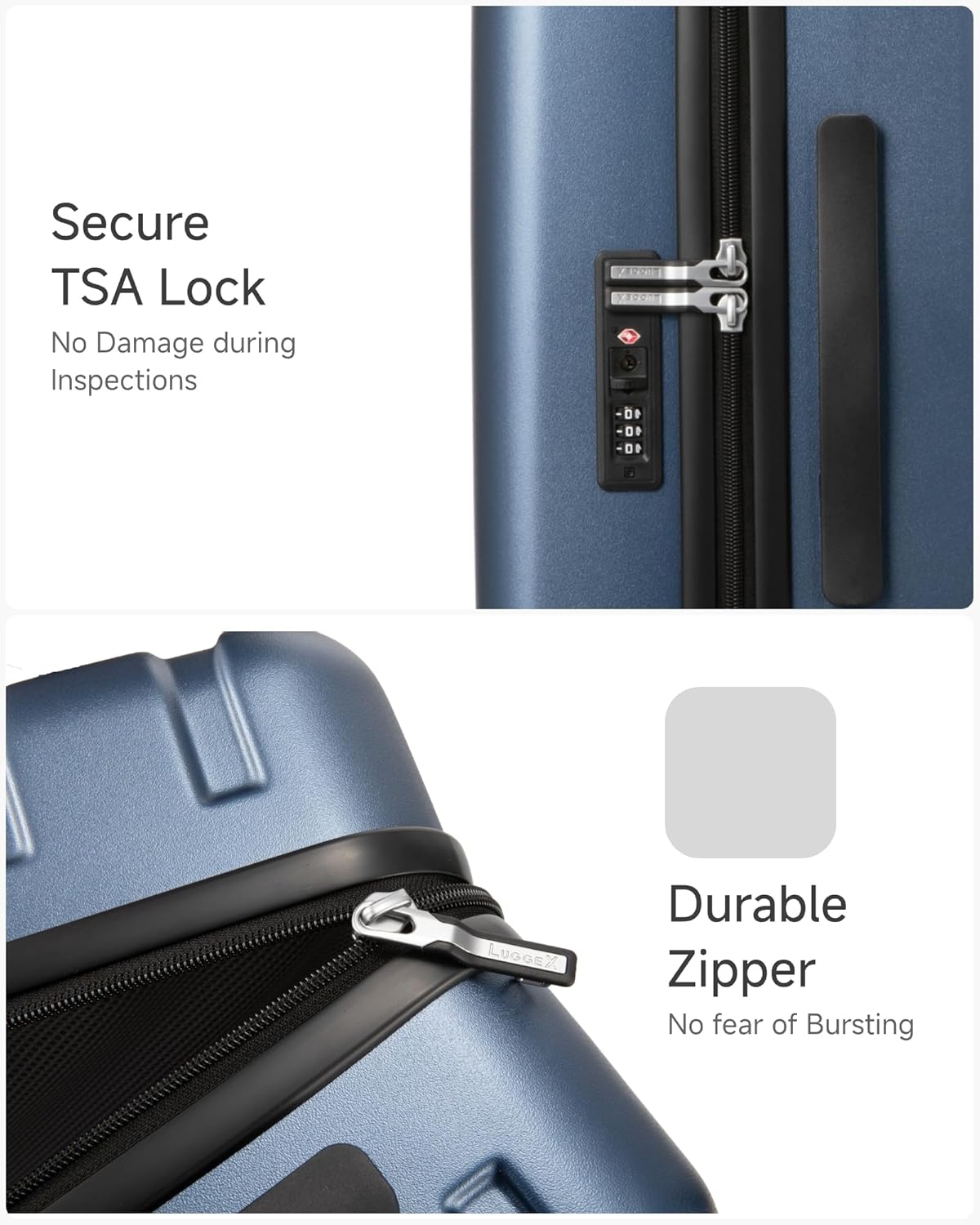 LUGGEX Carry On Luggage 22x14x9 Airline Approved, L2 100% PC Hard Shell Travel Suitcase with Smooth Spinner Wheels, TSA Lock (Blue, 20 Inch, 40L)