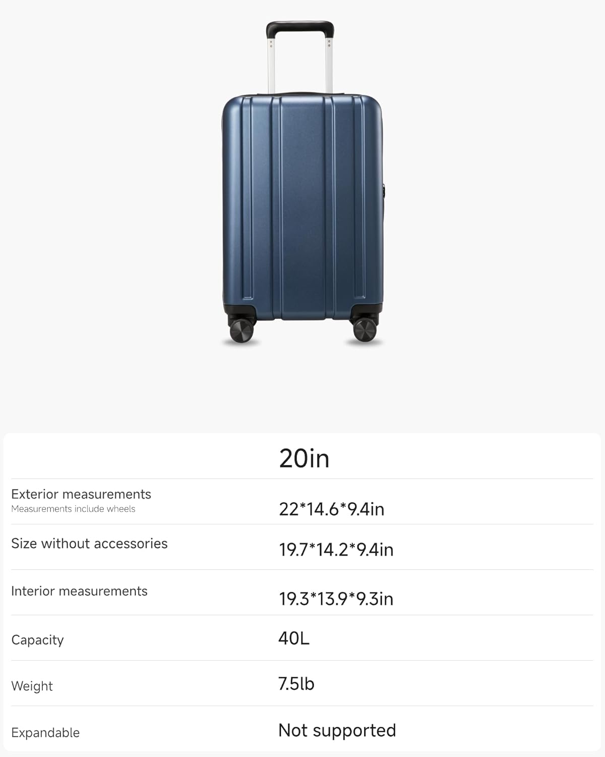 LUGGEX Carry On Luggage 22x14x9 Airline Approved, L2 100% PC Hard Shell Travel Suitcase with Smooth Spinner Wheels, TSA Lock (Blue, 20 Inch, 40L)