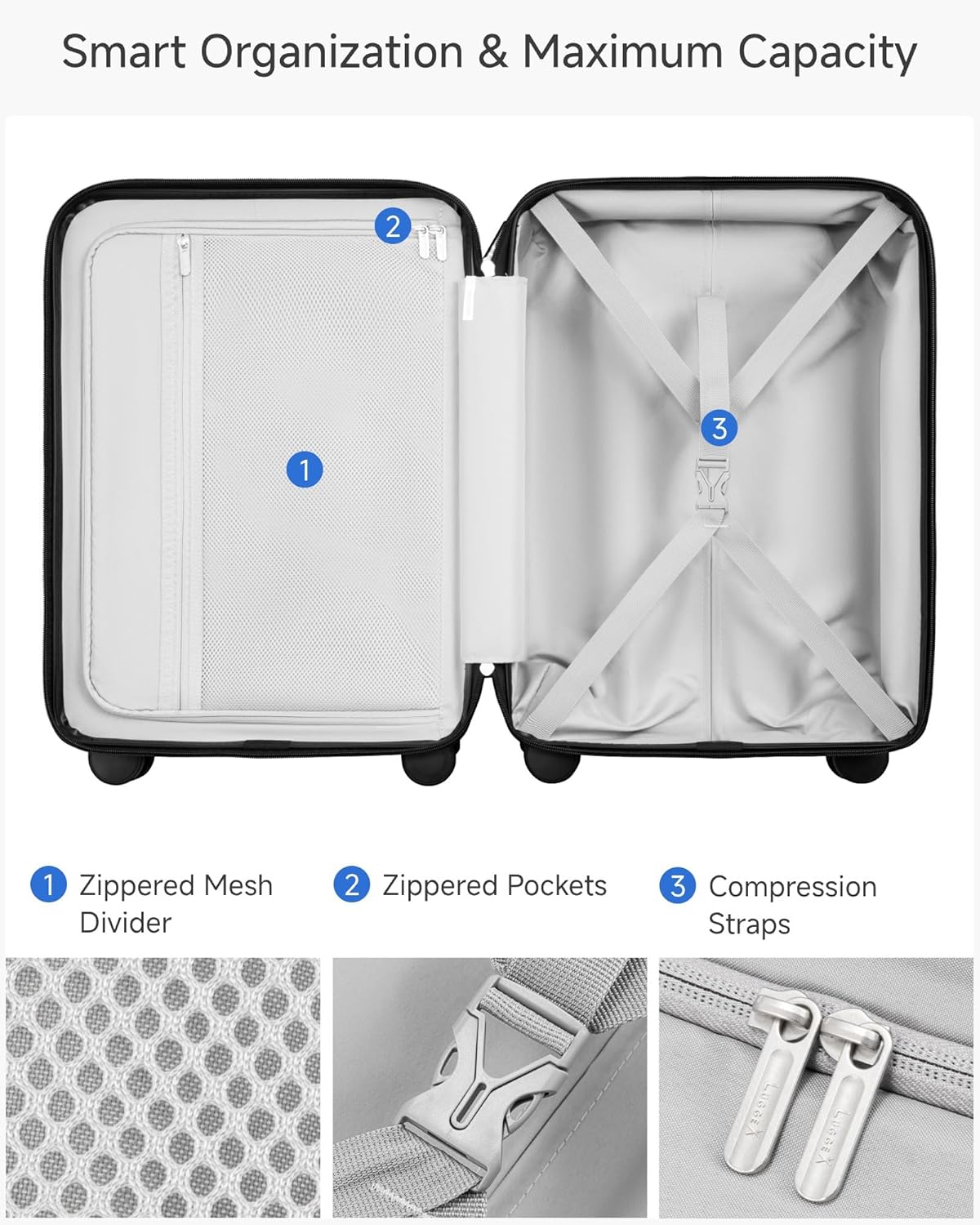 LUGGEX Carry On Luggage 22x14x9 Airline Approved, L2 100% PC Hard Shell Travel Suitcase with Smooth Spinner Wheels, TSA Lock (Blue, 20 Inch, 40L)