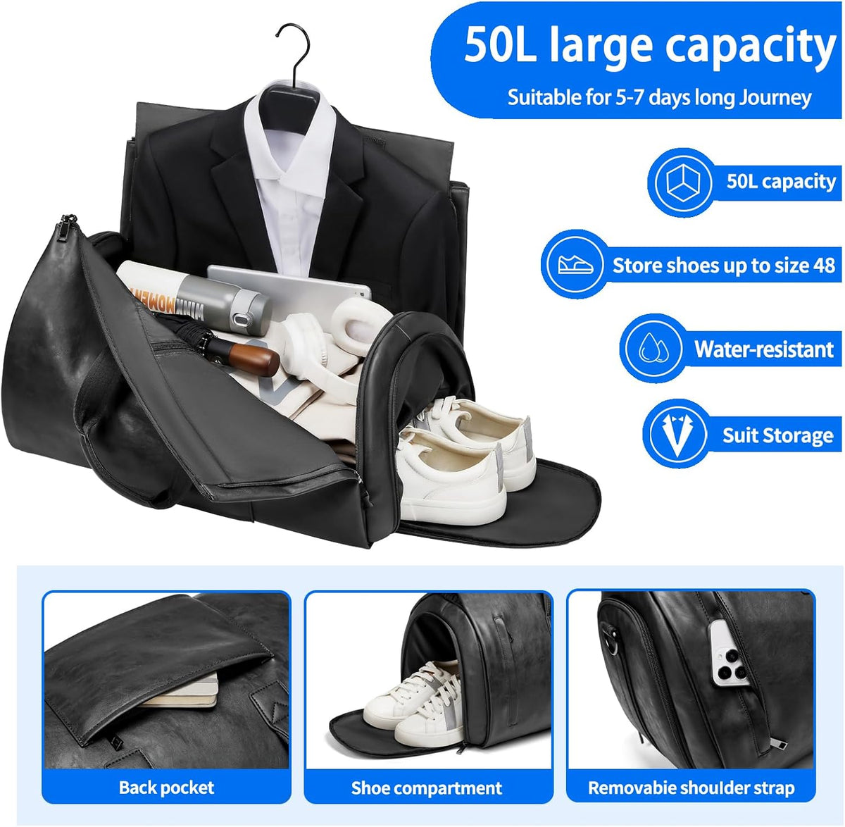 Leather Garment Bag Women, Carry on Garment Bag for Travel Convertible Garment Duffel Bag 2 in 1 Waterproof Foldable Travel Suit Bag Weekender Bag with Shoe Pouch