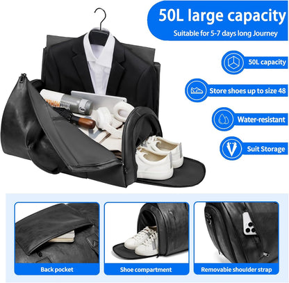 Leather Garment Bag Women, Carry on Garment Bag for Travel Convertible Garment Duffel Bag 2 in 1 Waterproof Foldable Travel Suit Bag Weekender Bag with Shoe Pouch