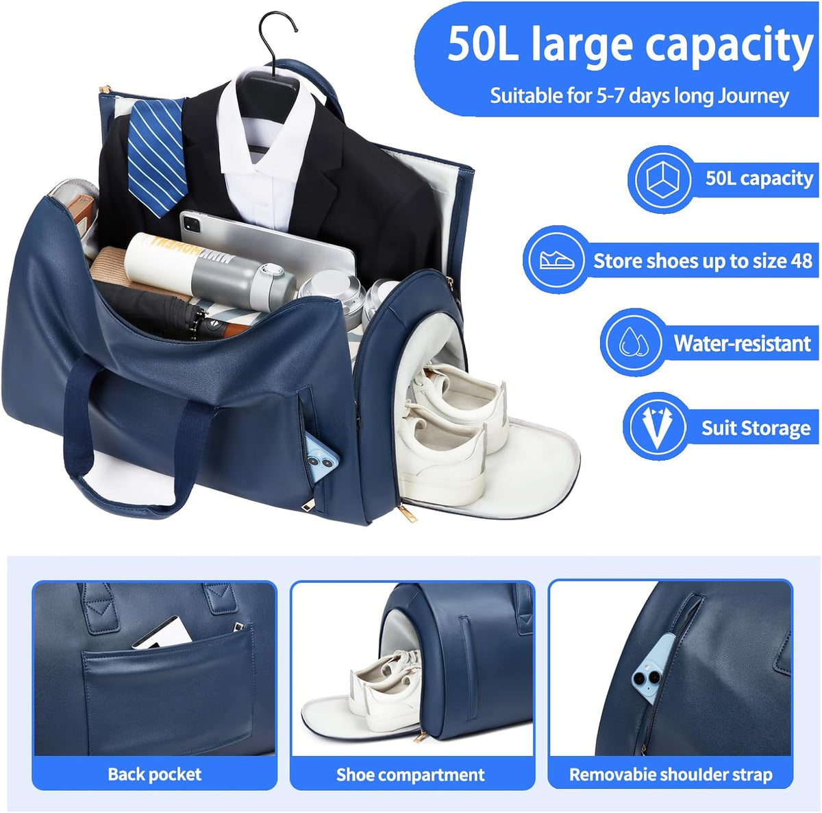 Leather Garment Bag Women, Carry on Garment Bag for Travel Convertible Garment Duffel Bag 2 in 1 Waterproof Foldable Travel Suit Bag Weekender Bag with Shoe Pouch