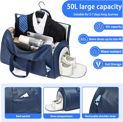 Leather Garment Bag Women, Carry on Garment Bag for Travel Convertible Garment Duffel Bag 2 in 1 Waterproof Foldable Travel Suit Bag Weekender Bag with Shoe Pouch