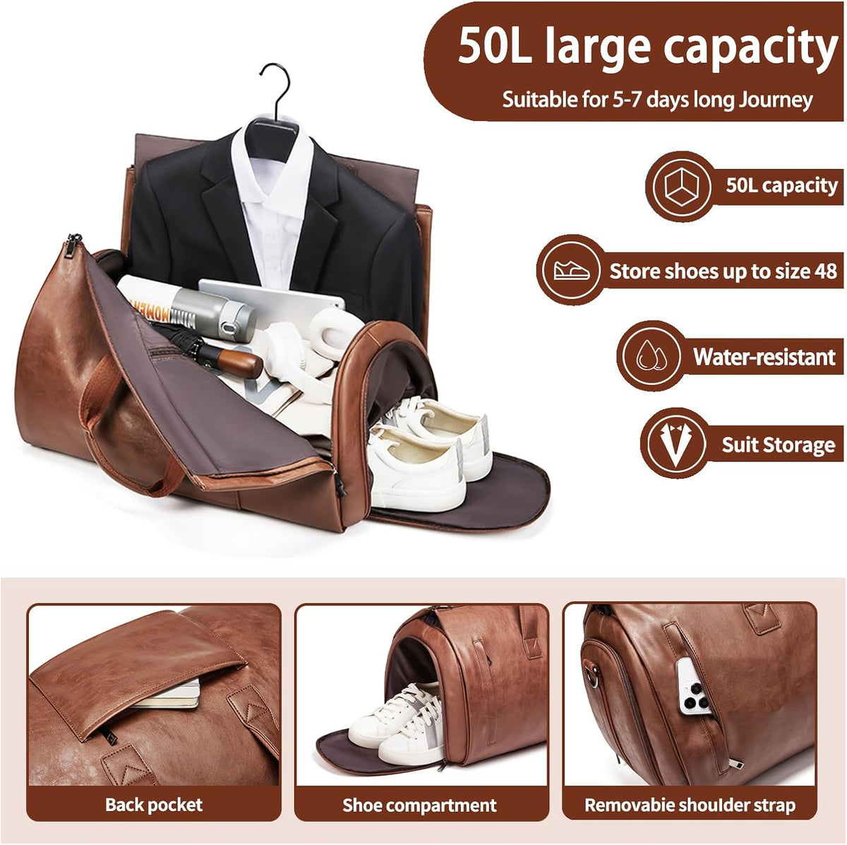 Leather Garment Bag Women, Carry on Garment Bag for Travel Convertible Garment Duffel Bag 2 in 1 Waterproof Foldable Travel Suit Bag Weekender Bag with Shoe Pouch