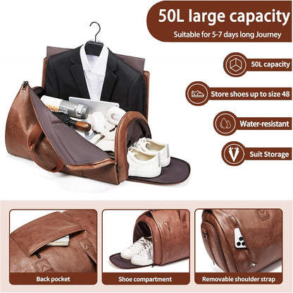 Leather Garment Bag Women, Carry on Garment Bag for Travel Convertible Garment Duffel Bag 2 in 1 Waterproof Foldable Travel Suit Bag Weekender Bag with Shoe Pouch
