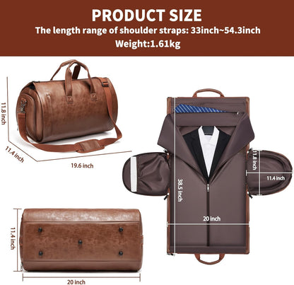 Leather Garment Bag Women, Carry on Garment Bag for Travel Convertible Garment Duffel Bag 2 in 1 Waterproof Foldable Travel Suit Bag Weekender Bag with Shoe Pouch