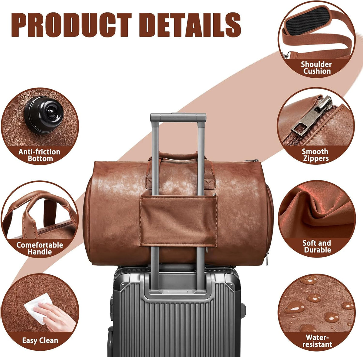Leather Garment Bag Women, Carry on Garment Bag for Travel Convertible Garment Duffel Bag 2 in 1 Waterproof Foldable Travel Suit Bag Weekender Bag with Shoe Pouch